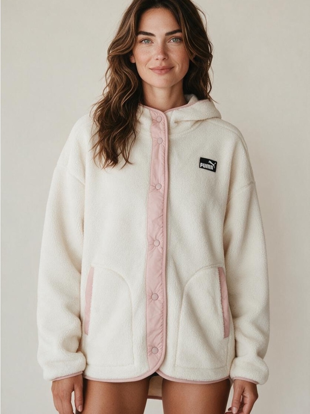 Puma Cream Sherpa Hooded Jacket with Pink Trim